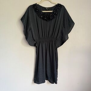 Y2K AB Studio Satin Charcoal Gray Floral Neckline Dolman Sleeve Dress 6